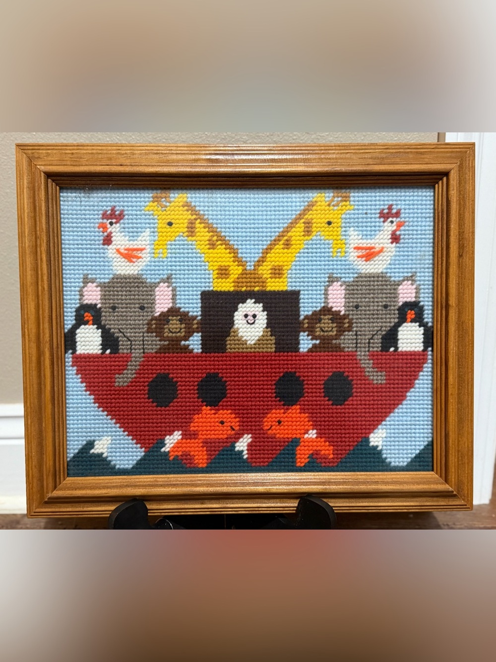 Vintage Noah’s Ark Framed Needlepoint picture.